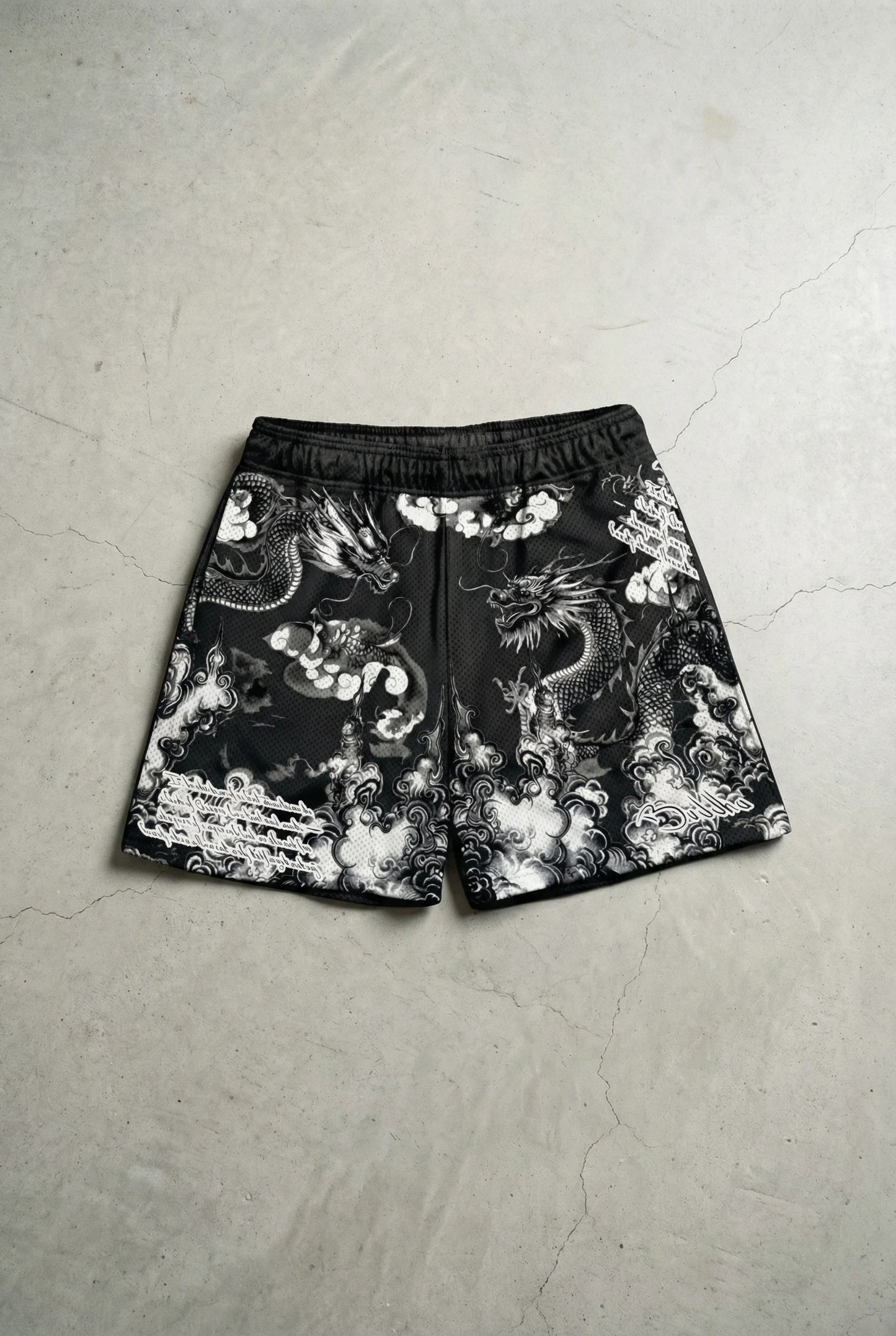PORCELAIN DRAGON MESH SHORTS (BLACK)
